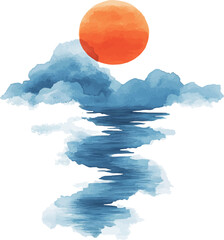 Wall Mural - vector watercolor illustration of clouds and river with orange sun in the sky on white background