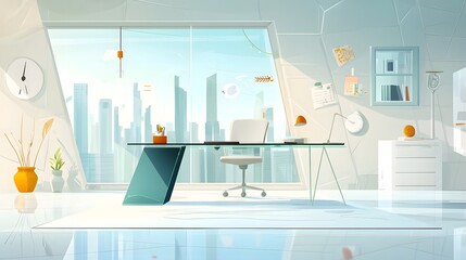 Leinwandbilder - A sleek and contemporary office space featuring a glass desk comfortable chair and panoramic views of the urban skyline