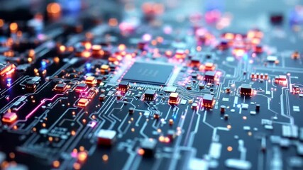 Poster - Dynamic microchip circuitry with flowing lights and technology pulse