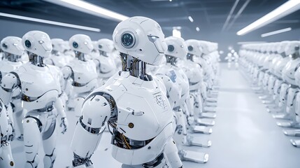 Poster - a uniform arrangement of highly sophisticated robotic figures standing in an organized disciplined m