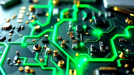 Poster - Glowing circuit board with green light trails highlighting technology dynamics