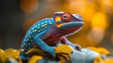 Colorful chameleon with striking blue, yellow, and red skin sitting on vibrant yellow leaves