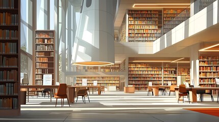 Aufkleber - A warm and inviting university library interior featuring towering bookshelves ample study desks