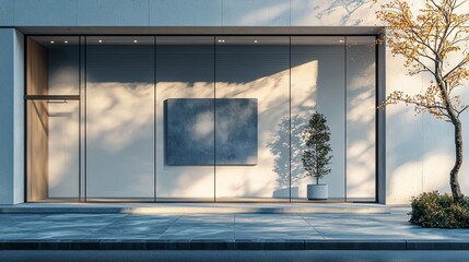 Poster - A sleek retail shop storefront, illuminated softly by overhead lights, features a minimalist aesthetic. A lone tree stands beside the entrance, casting gentle shadows as day transitions to evening