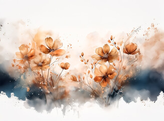 Fototapete - Watercolor flowers in warm hues bloom against a cloudy backdrop, creating a soft, ethereal feel. Hints of blue add depth.