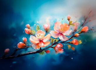 Fototapete - A digital watercolor painting showcases blooming branches in spring. Delicate blossoms, with a vibrant orange hue, contrast against a deep, serene blue background, offering a sense of natural beauty.