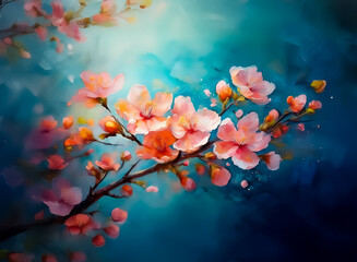 Aufkleber - Delicate pink blossoms on a branch, painted with soft strokes against a vibrant blue backdrop. Springtime floral art with a dreamy, watercolor feel.