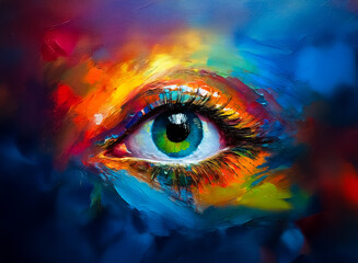 Aufkleber - A vibrant eye, awash in a symphony of hues, captures a moment of perception.  Hints of the eye's inner workings are revealed.  An explosion of colour creates a stunning, artful piece.