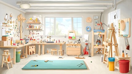 Poster - A warm well equipped toy maker s studio filled with handcrafted wooden toys mechanical parts and tools and supplies