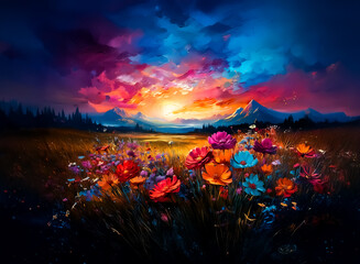 Poster - A vibrant sunset paints the sky as colorful flowers bloom in a field. Mountains and silhouettes of trees frame the horizon. Warm hues blend with cooler tones.