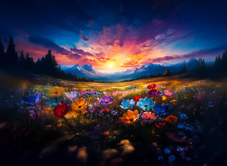 Poster - A vibrant floral meadow blooms under a dramatic sunset. Distant mountains and a forest silhouette frame the colorful scene, hinting at a peaceful, scenic vista.