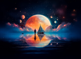 Poster - Solitary figure stands by sailboat beneath a massive moon and planets. Starry night sky reflects in calm water.