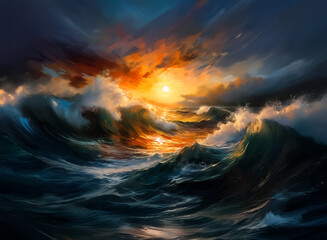 Aufkleber - A dramatic seascape painting features a fiery sunset illuminating crashing waves under a stormy sky. The ocean's surface reflects the radiant light, creating a dynamic composition.