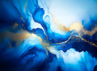 Leinwandbilder - A mesmerizing abstract artwork hints at ocean depths and celestial skies. Swirling blues blend with golden accents to create a feeling of fluidity and elegance, reflecting a dynamic and radiant view.