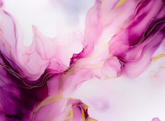 Aufkleber - An abstract artwork depicts flowing forms, possibly floral-inspired, rendered in vibrant shades of pink, magenta, and gold, evoking an ethereal, fluid aesthetic. It has hints of transparency.