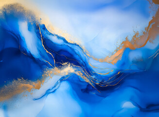 Aufkleber - Elegant abstract fluid art with swirling blue and gold hues creates a dynamic, luxurious feel. Visually captivating with flowing motion and shimmer.