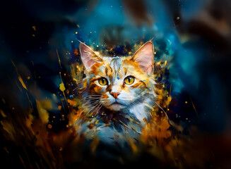 Poster - A colorful feline portrait emerges from a vibrant, abstract background. Hints of yellow, blue and orange surround this domestic animal. Its gaze is captivating.