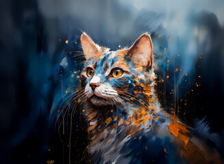 Poster - An artistic painting captures the essence of a cat. Hints of vibrant orange and blue blend with a dark background, creating a regal and dreamlike feel. The feline gaze is captivating.