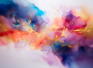 Aufkleber - Abstract painting with vivid colors, hints of gold, and flowing forms evokes a sense of ethereal beauty and movement. Hints of light and dark create a captivating display.
