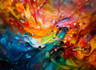 Poster - Image shows a vibrant, abstract explosion of colors with hints of a liquid, flowing quality. The mixture of hues creates a dynamic and energetic composition. Hints of depth and movement are prominent 