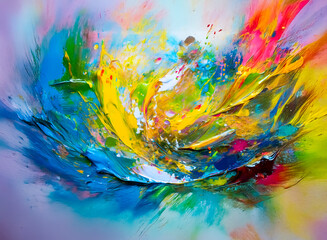 Poster - Hints: The image is an explosion of colors and shapes that suggest movement.

An explosion of vivid hues and forms bursts forth, conveying motion and energy. The abstract artwork has diverse shapes, c