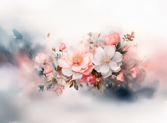 Aufkleber - Soft pink and white flowers bloom with gentle watercolor style on a light background, creating a delicate floral arrangement.