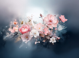 Aufkleber - A delicate floral arrangement, soft-toned, with hints of pink and white, is set against a dark, dreamy background. This elegant floral display evokes a sense of peace and beauty.