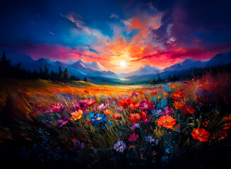 Poster - A vibrant sunset bathes a mountain meadow with a warm glow. Wildflowers bloom amongst the tall grasses, their colors reflecting the fiery sky. Hints of trees and distant peaks add depth. The scene is 
