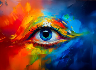 Aufkleber - A vibrant, colorful painting of an eye. The eye is the focus, surrounded by energetic brushstrokes of diverse colors, creating an abstract feel. The eye's iris is bright.