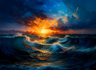 Poster - A vivid painting depicting an ocean sunset. The water churns under a sky ablaze with color, a vibrant orange sun breaking through dark clouds. The waves are wild and chaotic, the scene hints at a stor