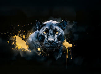 Poster - A majestic panther with glowing eyes emerges from darkness and golden splashes. Hints of smoke and subtle hues add depth to its portrait.