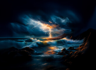 Poster - The image portrays a dramatic seascape during a storm, featuring intense lightning illuminating the churning ocean and rocky coast under a dark, ominous sky.