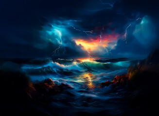 Poster - A dramatic seascape of a stormy ocean at night, where lightning illuminates the dark sky and rough waves crashing against rocky shores.