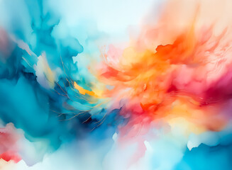 Fototapete - Vibrant abstract artwork featuring a dynamic blend of blue, orange, pink, and yellow hues.  Fluid and swirling design creates a dreamy and artistic visual.