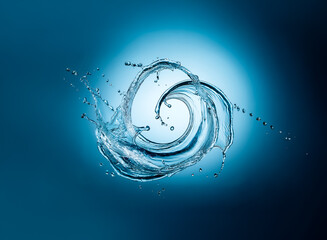 Leinwandbilder - The image captures a dynamic water splash, forming a swirling vortex against a gradient of blue hues. The light accentuates the liquid's texture. Hints of droplets fly around the central form.