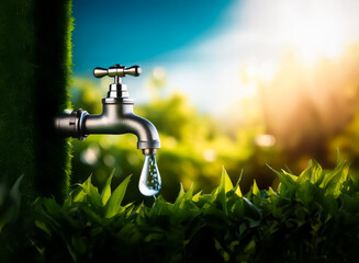 Poster - Shiny outdoor faucet with a single water drop. Green plants and bright sunlight in the background. Environment concept.