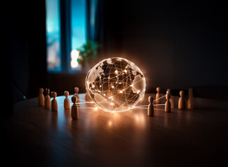 Aufkleber - Here's a description and keywords:

Conceptual shot depicting interconnectedness with a globe illuminated by light, symbolizing the globe surrounded by wooden figures. It is a visual representing netw