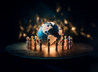 Aufkleber - Image depicts a luminous globe surrounded by wooden figures, symbolizing global community and connectedness within a darkened environment. The scene evokes unity and shared experiences.