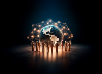 Poster - A group of figures encircles a glowing globe, symbolizing global connection.  A network of lights surrounds the world, representing communication and modern technology in a digital age.