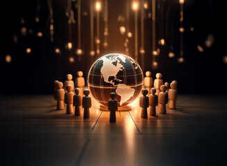 Poster - Global team surrounds the world, highlighted by glowing lights, showcasing unity and global collaboration in a dark, reflective environment.