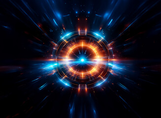 Fototapete - A vibrant abstract image of a luminous circular core.  Radiating beams of blue and orange light burst outwards on a dark backdrop, creating an energetic and futuristic effect.