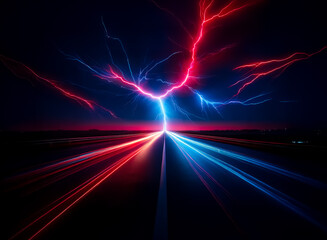 Poster - A mesmerizing composition features lightning, red and blue streaks, and a sense of speed across a dark landscape. The vibrant energy creates a dynamic visual. The overall feeling is energetic and stri