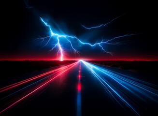 Poster - An illuminated highway extends towards a horizon under an electric sky. A lightning bolt crashes down creating an explosive impact, while red and blue light trails streak across the road.