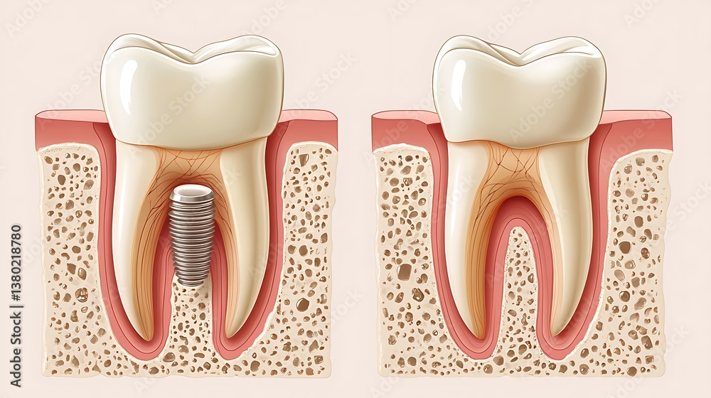 Exploded anatomical diagram showing natural tooth structure and implant ...