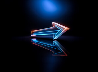 Aufkleber - Glowing 3D arrow points right, with neon blue and orange outlines. Reflective black surface beneath creates a sleek, modern look.