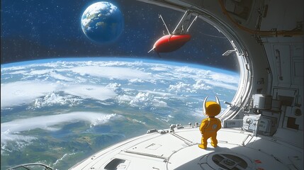 Poster - A young alien prince gazes in wonder at the serene vibrant planet Earth from the window of his futuristic spacecraft captivated by the beauty of the celestial world beyond