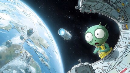 Fototapete - A young curious alien prince stares in awe at the vast blue planet of Earth from the window of his futuristic spaceship exploring the wonders of the cosmos