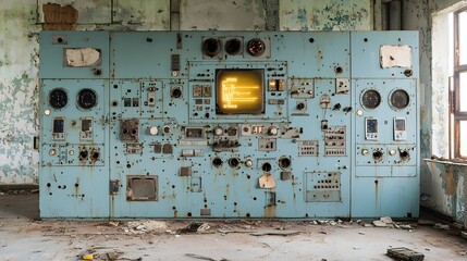 Poster - Abandoned and decaying control room of an off world colony with a distress signal still faintly glowing on the dilapidated equipment panels