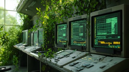 Poster - An abandoned research facility once dedicated to technological progress now reclaimed by the natural world  Vines and foliage have crept through the broken and decaying computer screens