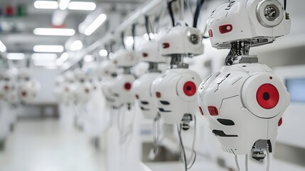 Leinwandbilder - An interior view of an industrial factory or manufacturing facility showcasing rows of various robotic and automated equipment components and devices suspended from overhead wires and supports